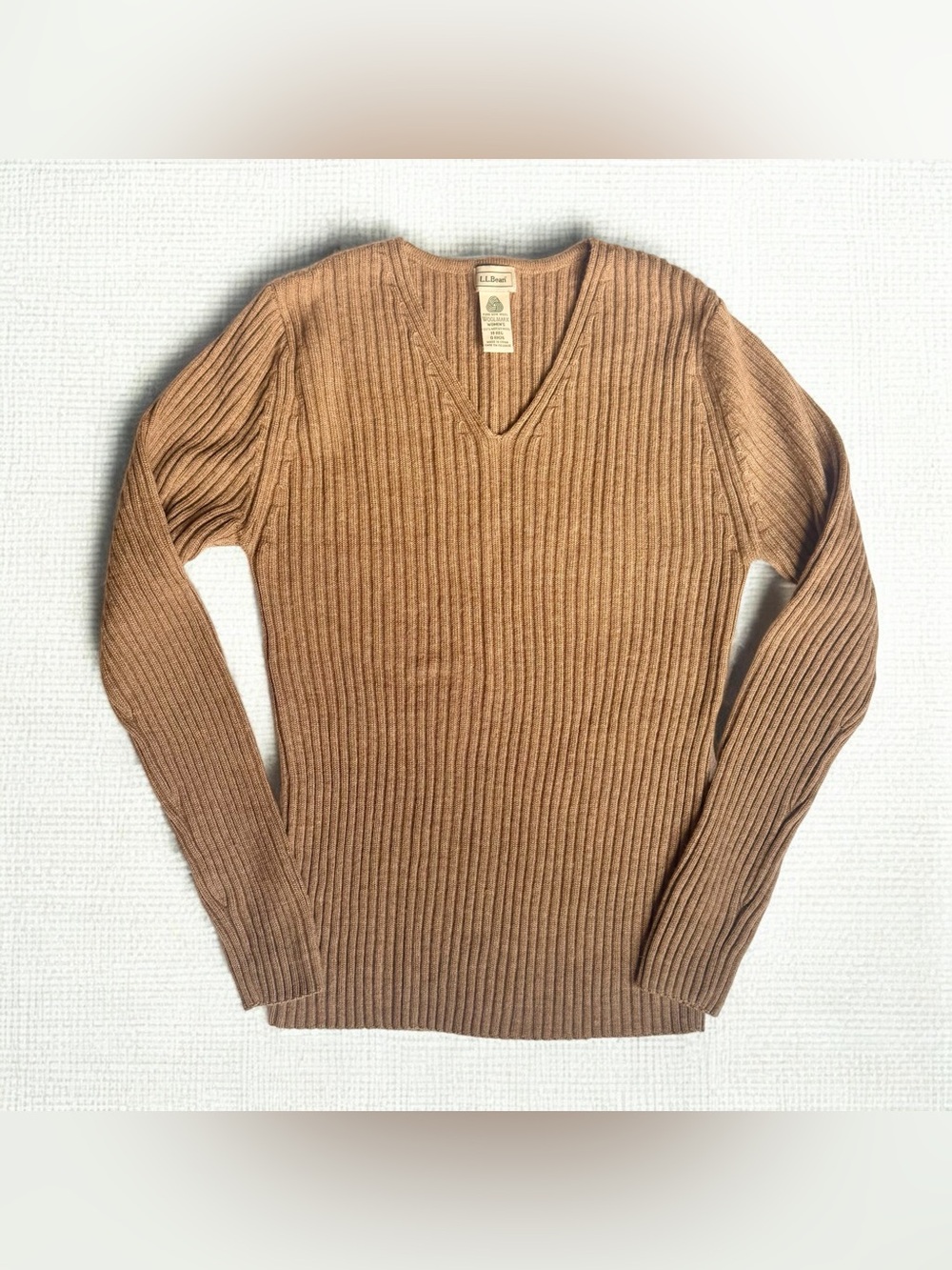 L.L. Bean 100% Merino Wool V-Neck Ribbed Knit Sweater Womens M Brown Tan Vtg Y2K
